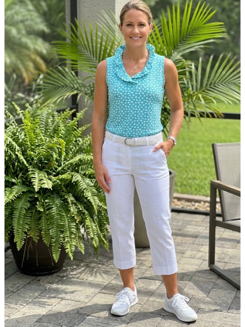 Lulu-B Sleeveless Ruffle V Neck Aqua and White Tank Top  UPF 50+ Size Ml Sporty